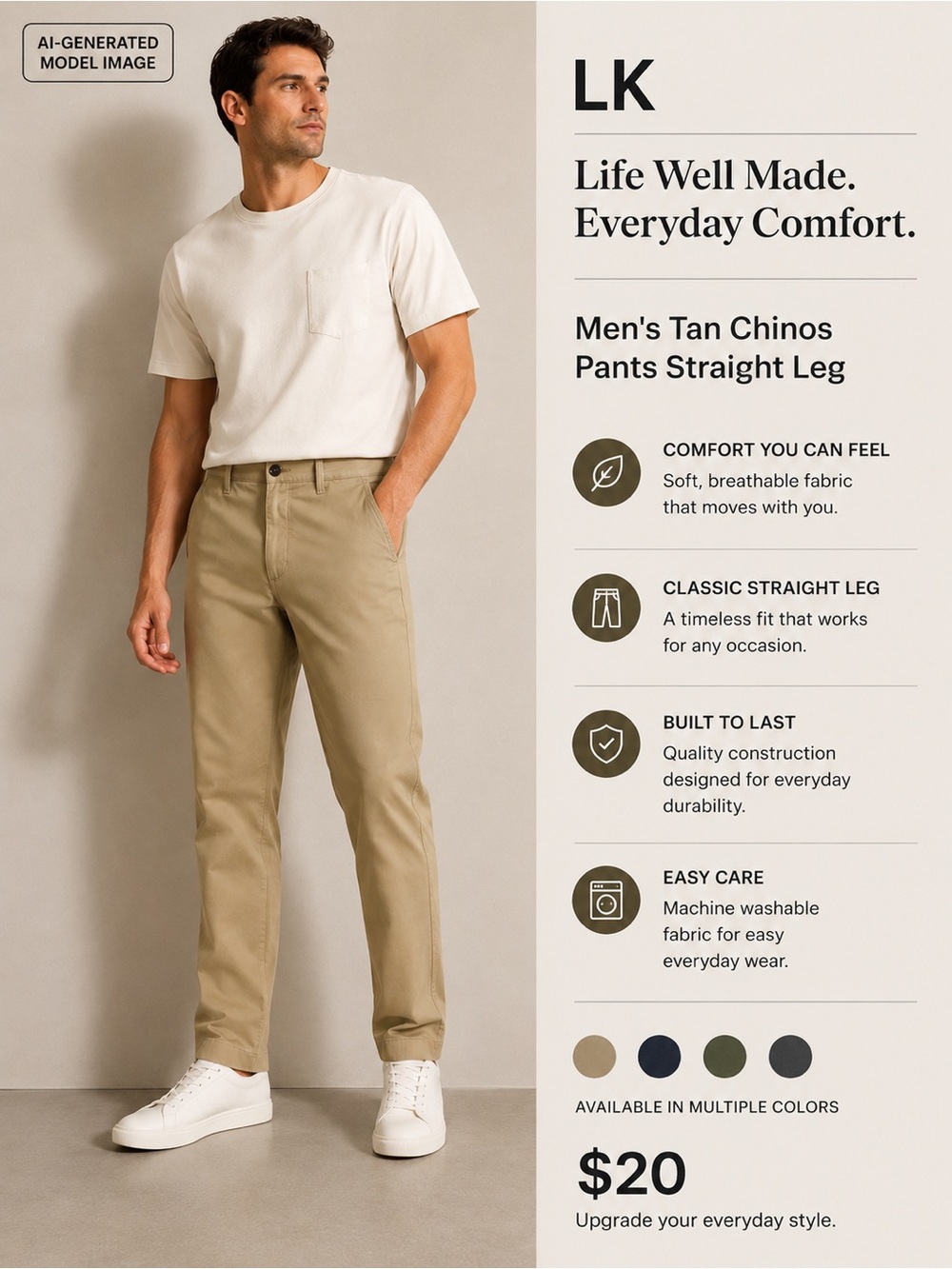 LK - Life Well Made Men's Tan Chinos Pants Straight Leg